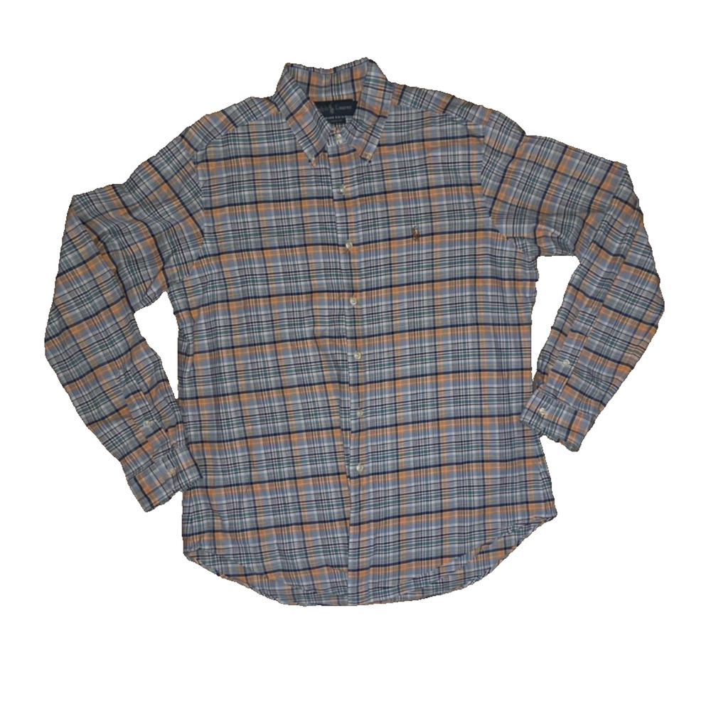 Polo Ralph Lauren Shirt Mens Large Orange Blue Plaid Stretch Cotton Button Down